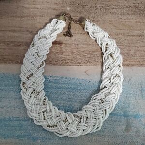 Elegant White and Gold seed Beaded Necklace with chrstals entwined